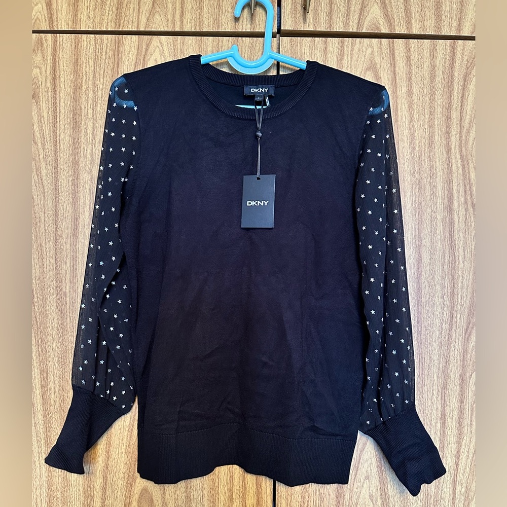 DKNY Black Crew Neck Sweater with Patterned Sleeves